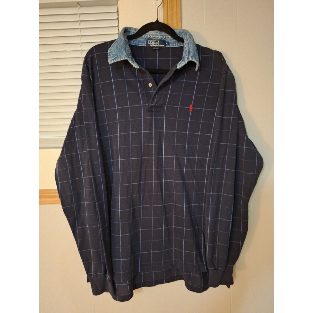 Vtg Polo Ralph Lauren Long Sleeve Polo Shirt Navy Blue Windowpane Pony Mens